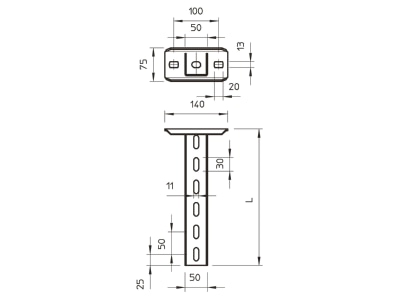 Dimensional drawing 2 OBO US 5 K 70 A2 Ceiling profile for cable tray 700mm