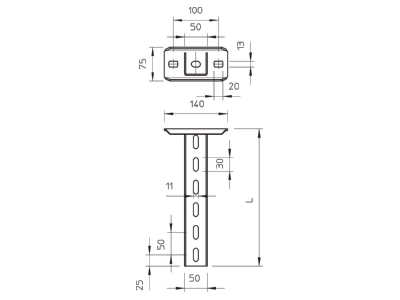 Dimensional drawing 1 OBO US 5 K 120 A2 Ceiling profile for cable tray 1200mm
