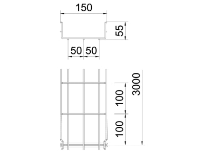 Ma�zeichnung 2 OBO GRM 55 150 A2 Gitterkabelrinne 55x150x3000mm