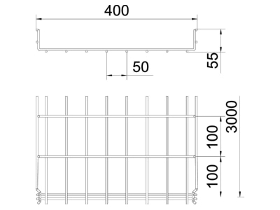 Ma�zeichnung 2 OBO GRM 55 400 A2 Gitterkabelrinne 55x400x3000mm