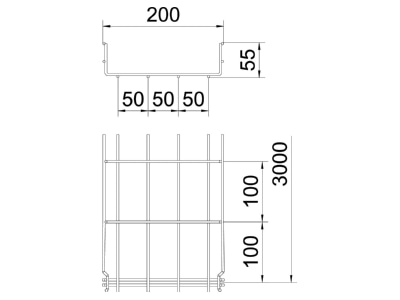 Dimensional drawing 2 OBO GRM 55 200 A4 Mesh cable tray 55x200mm