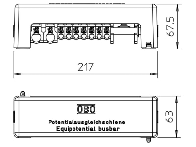 Dimensional drawing 1 OBO 1801 VDE Equipotential bonding bar
