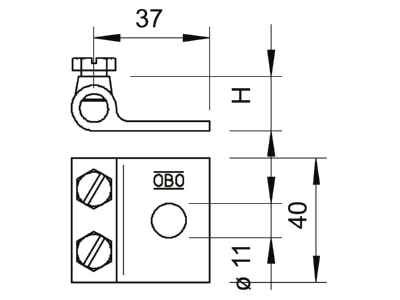 Dimensional drawing 1 OBO 319 8 Clamping shoe for lightning protection
