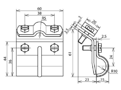 Dimensional drawing 1 Dehn 339 010 Gutter clamp for lightning protection
