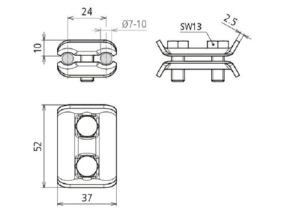 Dimensional drawing 2 Dehn 307 000 Parallel connector lightning protection
