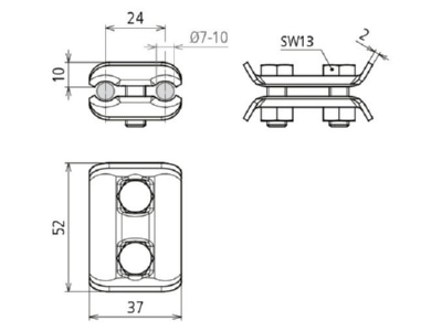 Dimensional drawing 3 Dehn 307 007 Parallel connector lightning protection