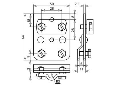 Dimensional drawing 3 Dehn 251 002 Rebate clamp for lightning protection