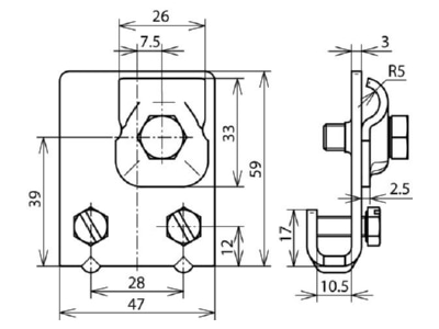 Dimensional drawing 1 Dehn 365 020 Rebate clamp for lightning protection
