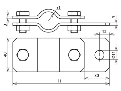 Dimensional drawing 1 Dehn 410 134 Earthing pipe clamp 55mm

