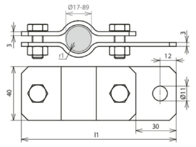 Dimensional drawing 2 Dehn 410 134 Earthing pipe clamp 55mm
