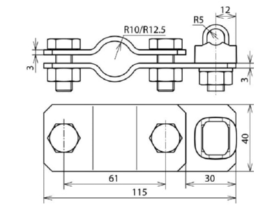 Dimensional drawing 3 Dehn 625 011 Connection clamp for earth rods 25 mm