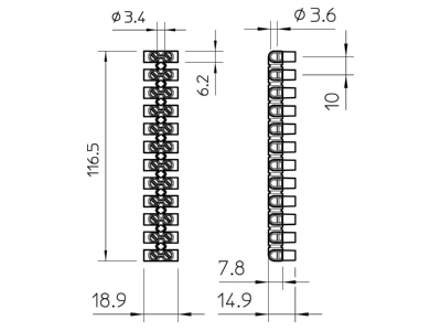 Dimensional drawing 1 OBO 74 CE WS EKL 1 S Terminal strip 10 p 74 CE WS
