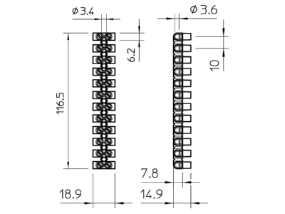 Dimensional drawing 2 OBO 74 CE WS EKL 1 S Terminal strip 10 p 74 CE WS