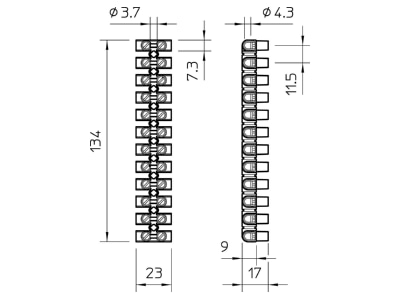 Dimensional drawing 1 OBO 76 CE SW EKL 2 S Terminal strip 12 p 6mm  76 CE SW
