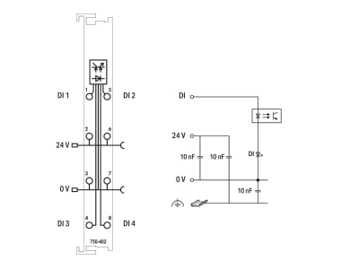 Schaltbild WAGO 750 402 Digitale Eingangsklemme 4 Kanal DC24V 3 0ms