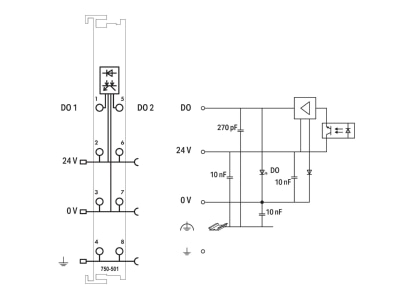 Circuit diagram WAGO 750 501 Fieldbus digital module 0 In   2 Out
