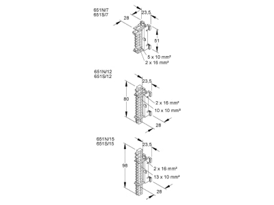 Dimensional drawing Kleinhuis 651N 7 Power distribution block  rail mount 
