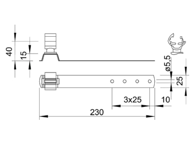 Dimensional drawing 3 OBO 157 FK CU 230 Roof holder for lightning protection