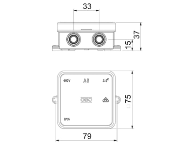 Dimensional drawing 1 OBO A 8 HF RO Surface mounted box 75x75mm
