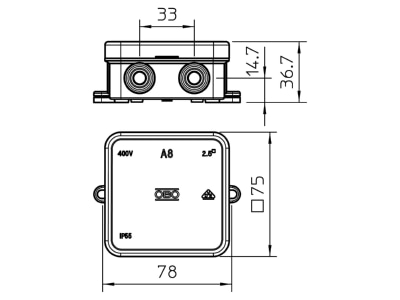 Dimensional drawing 2 OBO A 8 HF RO Surface mounted box 75x75mm