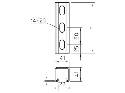 Mazeichnung 1 OBO MS4141PP0300FT Profilschiene mit Seitenlochung