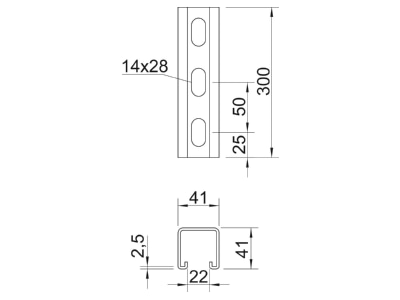 Mazeichnung 3 OBO MS4141PP0300FT Profilschiene mit Seitenlochung