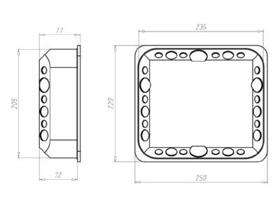 Dimensional drawing Kaiser 9197 91 Hollow wall mounted box 235x205mm D 68mm
