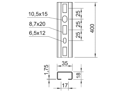 Dimensional drawing 2 OBO CMS3518P0400FS C profile 400x35x18mm
