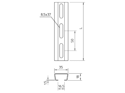 Ma�zeichnung 2 OBO AML3518P0400FT Profilschiene gelocht SW 16 5mm 400x35x18