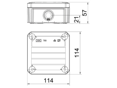 Dimensional drawing 1 OBO T 60 RW Surface mounted box 114x114mm
