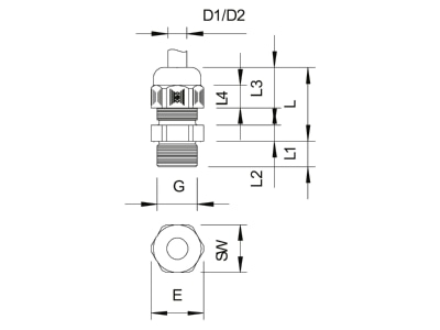Dimensional drawing 2 OBO V TEC PG21 SGR Cable gland   core connector PG21