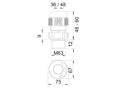 Masszeichnung 3 OBO V TEC VM63 LGR Verschraubung Vollmetrisch