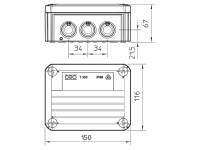 Mazeichnung 1 OBO T 100 M25 M32 Kabelabzweigkasten lgr