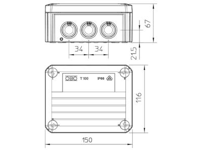 Mazeichnung 2 OBO T 100 M25 M32 Kabelabzweigkasten lgr