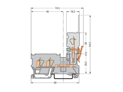 Ma�zeichnung WAGO 769 251 2L 1 Pin Basisklemme grau