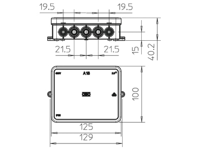 Dimensional drawing 1 OBO A 18 HF RO Surface mounted box 125x100mm
