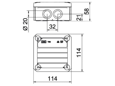 Dimensional drawing 2 OBO T 60 M20 Surface mounted box 114x114mm
