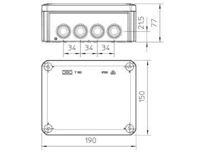 Dimensional drawing 1 OBO T 160 F Surface mounted box 190x150mm

