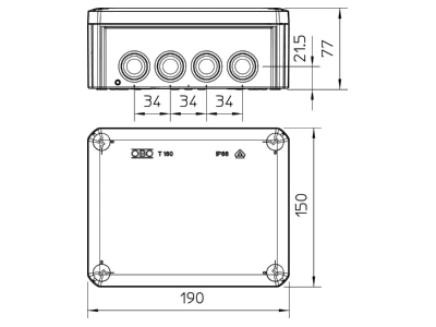 Dimensional drawing 3 OBO T 160 F Surface mounted box 190x150mm