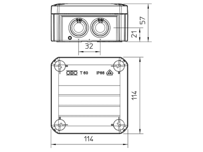 Dimensional drawing 2 OBO T 60 F Surface mounted box 114x114mm
