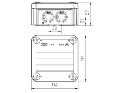 Dimensional drawing 3 OBO T 60 F Surface mounted box 114x114mm