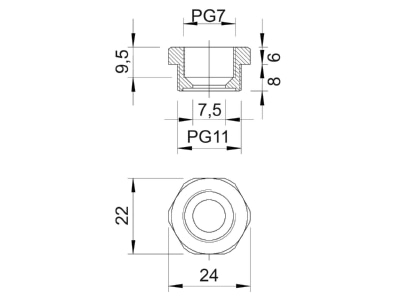 Dimensional drawing 3 OBO 107 R PG11  7 PA Adapter ring PG7   PG11 plastic