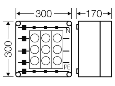 Dimensional drawing Hensel Mi 3263 Screw fuse enclosure 63A 300x300mm
