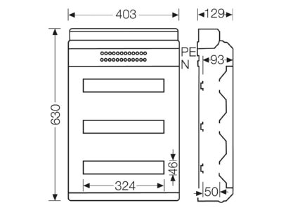 Dimensional drawing Hensel KV 9354 Surface mounted distribution board 603mm