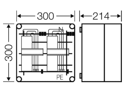 Dimensional drawing Hensel Mi 6203 Equipped busbar housing 250A 300x300mm