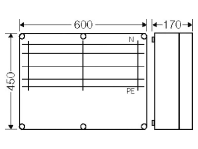 Dimensional drawing Hensel Mi 6652 Equipped busbar housing 250A 450x600mm