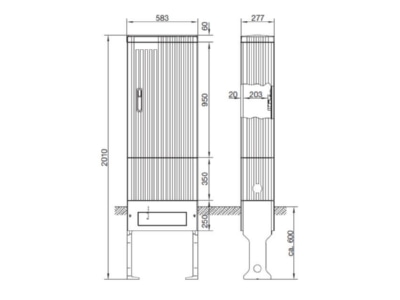 Dimensional drawing Hager ZAS205EM2 Equipped meter cabinet IP44 2010x583mm