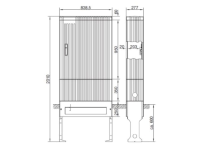 Dimensional drawing Hager ZAS207BE24A Equipped meter cabinet IP44 2010x839mm