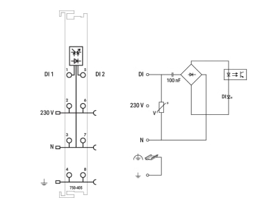 Schaltbild WAGO 750 405 Digitale Eingangsklemme 2 Kanal AC230V 2 4Le