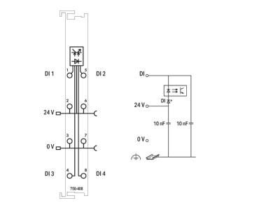 Schaltbild WAGO 750 408 Digitale Eingangsklemme 4 Kan DC24V 3 0ms ne